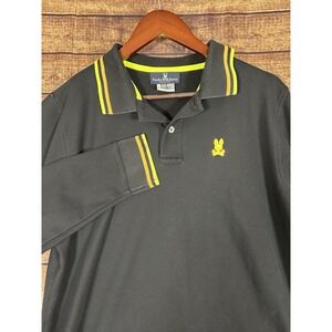 Psycho Bunny Polo Jackson Shirt Men Black Long Sleeve Tipped Collar Size 6/L‎